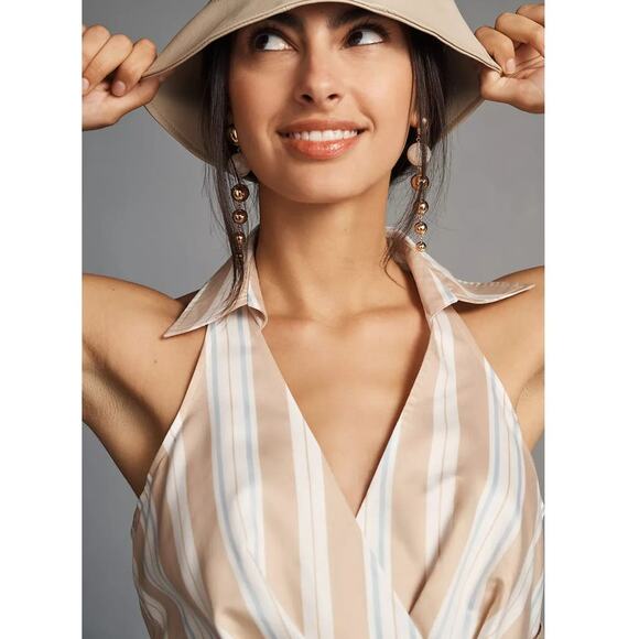 New Anthropologie Maeve Asymmetrical Wrap Shirt Dress $180 SIZE 14 Neutral Motif - Picture 7 of 10